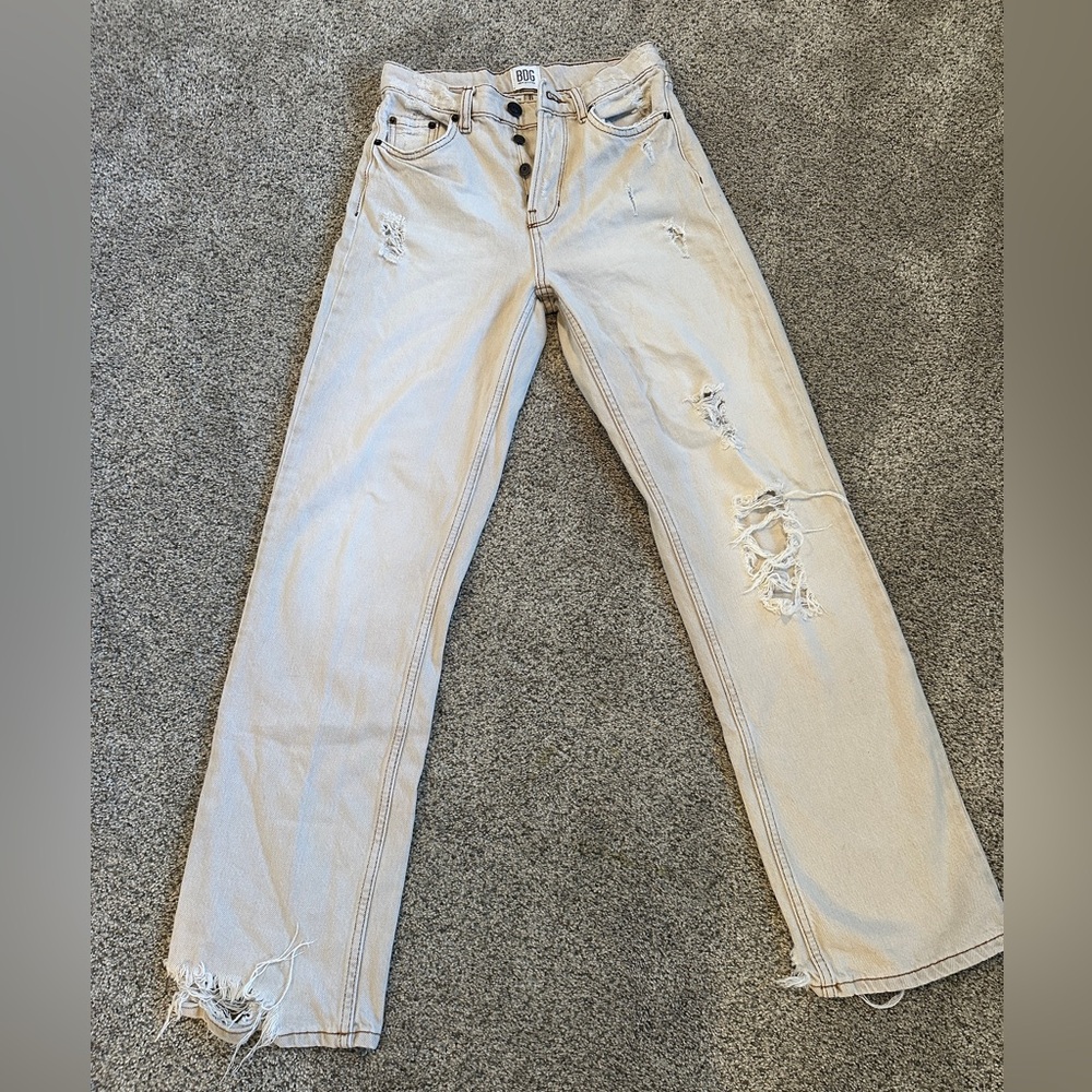 BDG Beige Distressed Straight-Leg Jeans